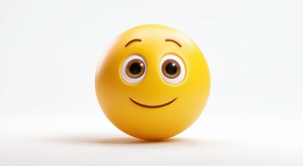 Fototapeta premium Vibrant Yellow Happy Emoji Sphere with Big Expressive Eyes and Cheerful Smile on Pure White Background.