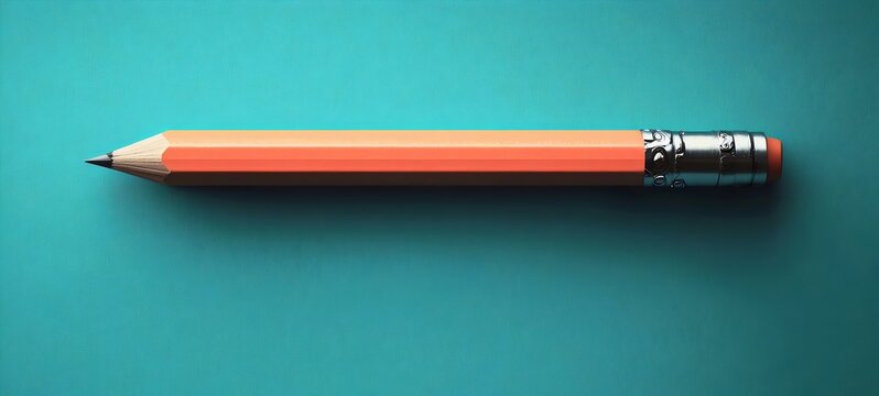 A vibrant orange pencil lies flat on a smooth, teal background, showcasing its sharpened tip and decorative silver ferrule, creating a minimal yet striking visual.