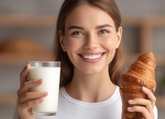 A young woman, smiling and looking away, holds a glass of milk and a croissant as she enjoys breakfast in a sleek kitchen