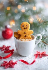 A white plate holds a cup of coffee, topped by a smiling gingerbread man in a bow tie, and a few cookies lie beside it