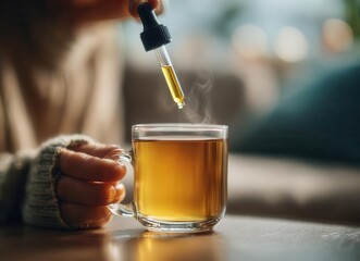 Close‑up: a woman adds a food supplement to a cup of tea on a wooden table indoors by dripping it