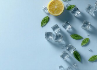 An overhead shot of mint leaves, sliced lemon, ice cubes, and water droplets set against a pastel blue background