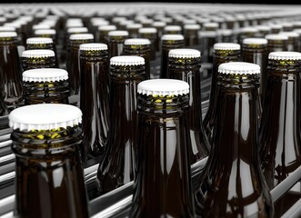 The glass bottle, featuring a white cap, is conveyed by an automatic capping and labeling machine at an energy‑drink manufacturing site, showcasing the automation technology prevalent in the