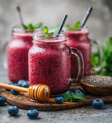 Embracing a healthy diet and lifestyle, one can enjoy a breakfast smoothie made from mixed berries, chia seeds, and a blend of almond and oat vegan milk