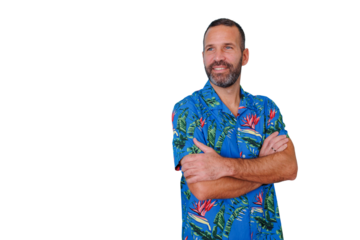 Bearded man in hawaiian shirt smiling and looking away, arms crossed, on transparent background