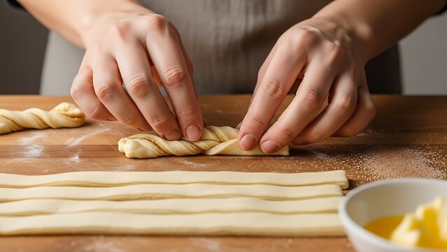 Crafting homemade pastry twists on wooden surface preparation stage - Powered by Adobe