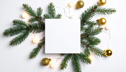 Festive holiday arrangement with blank white space for text, adorned with evergreen & gold ornaments