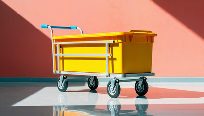 Yellow cleaning cart on wheels against a colorful background