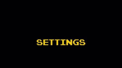 SETTINGS Pixel Art 8 Bit Retro Game Text Zoom Animation for Vintage Arcade Computer Assets 4k video animation seamless loop