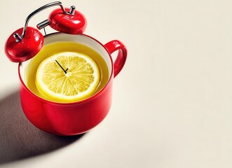 Concept break, lunch time. A cup of tea with lemon, a red clock on a white wooden board. Copy space. Top view