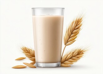 A solitary glass of oat milk set against a white background