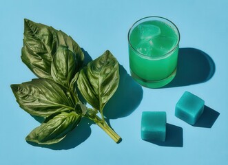 Top‑down view of a lime basil mocktail on ice set against a blue background, leaving room for copy. This green summer cocktail delivers a refreshing tonic, citrus detox water, and a basil smash
