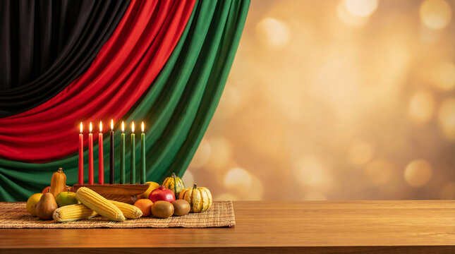 Festive Kwanzaa setting with kinara candles, harvest fruits and vegetables on wooden table, red black and green draped fabric background with warm bokeh and wide copy space for greeting banner