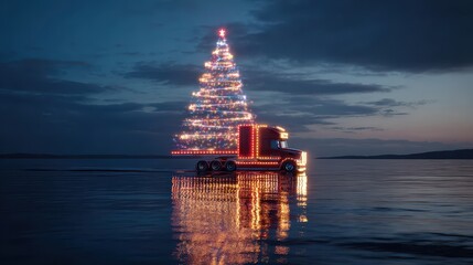 Christmas tree truck glowing at twilight