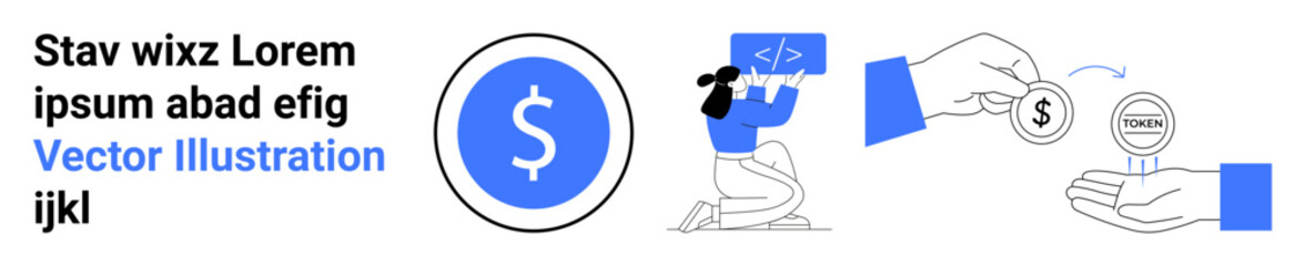 Obraz premium Digital payments, financial technology, online banking, e-commerce, money transfer, investment concept. Dollar symbol, person coding and hands exchanging coins. Digital payments and financial