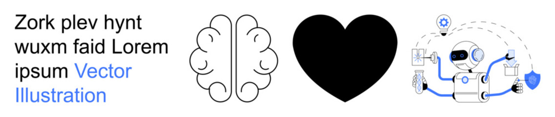 Obraz premium Artificial intelligence, emotional connections, healthcare innovation, robotics, human collaboration, tech evolution. Brain, heart and robot with tech elements. AI and emotional intelligence concept