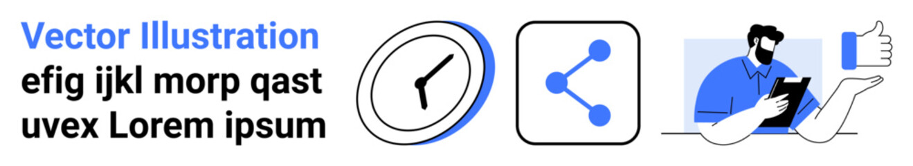 Time management, social collaboration, online communication, networking, feedback, productivity. Stylized clock, sharing icon person holding a tablet thumbs-up sign. Time management and social
