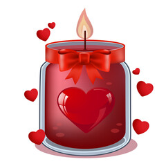 candle in a glass jar with red hearts