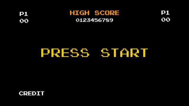 8-Bit Arcade Game Menu Screen: Retro Pixel Art Animation Loop showing High Score, Press Start, Insert Coin, Vintage Video Game Asset 4k video animation seamless loop