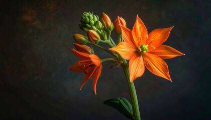 Vibrant orange star-like flowers and buds on a green stem against a dark, textured backdrop