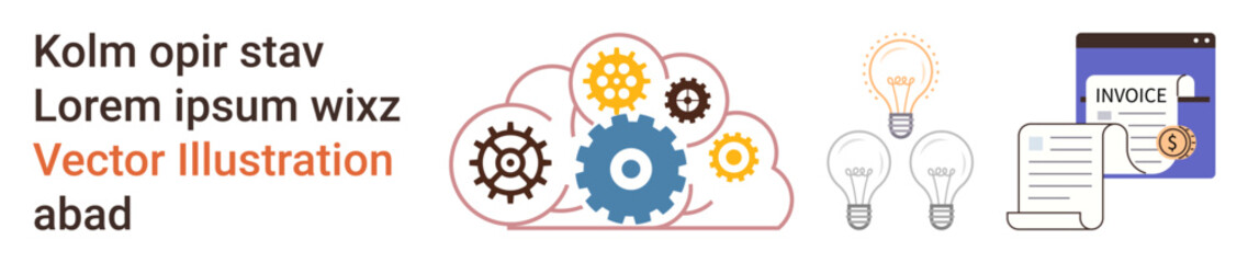 Business solutions, automation, innovation, cloud computing, creativity, digital finance. Visual includes gears in a cloud, light bulbs and invoice designs. Business solutions and automation