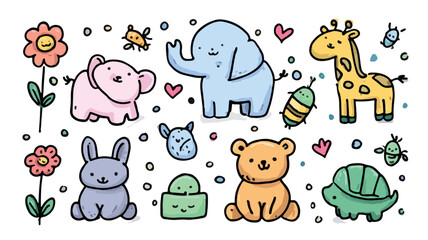 Naklejka premium Adorable hand-drawn pastel cartoon animals and flowers doodle set perfect for children's designs with a transparent background.