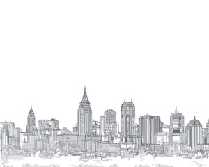 Fototapeta premium Minimalist hand-drawn city skyline illustration with architectural details, perfect for a transparent background or graphic design.