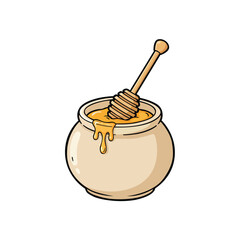 Delicious sweet honey in ceramic pot with wooden dipper vector illustration icon in flat cartoon style isolated