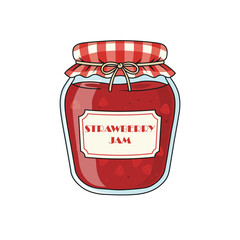 Strawberry jam glass jar with red checkered lid vector illustration icon in flat cartoon style isolated