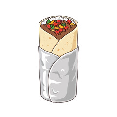 Delicious Mexican burrito wrapped in silver foil showing rice and meat filling vector illustration icon in flat cartoon style isolated