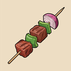 Delicious grilled meat and vegetable shish kebab skewer vector illustration icon in flat cartoon style isolated