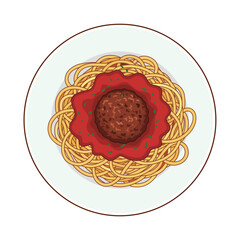 Delicious spaghetti pasta with meatball and tomato sauce on plate vector illustration icon in flat cartoon style isolated