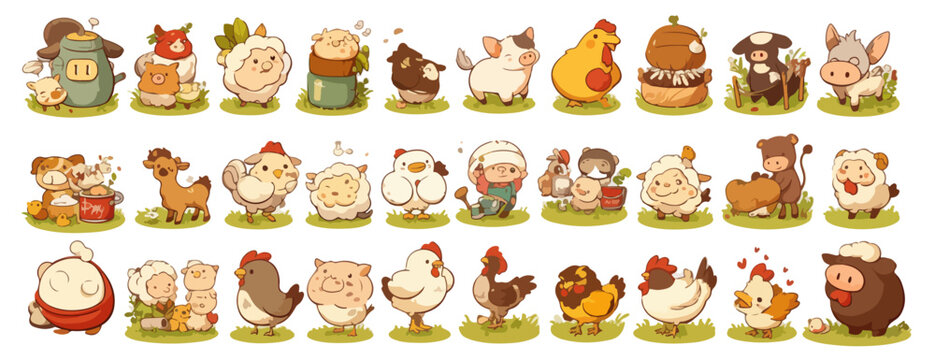 A charming collection of cute cartoon farm animals like pigs, sheep, chickens, and cows, in whimsical poses, with a transparent background.