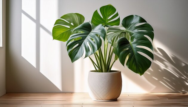 Indoor Potted Monstera Plant With Large Leaves In A Neutral Planter