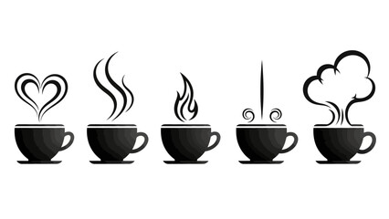 Five cups of coffee with different steam designs, including a heart and an explosion.