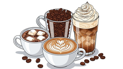An artistic illustration showcasing a variety of coffee beverages, including latte, iced coffee, and hot chocolate.