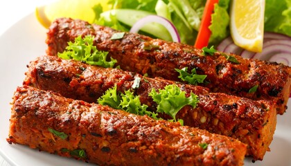 シークカバブを中心に盛り付けたインド料理のプレートが映える食事シーン