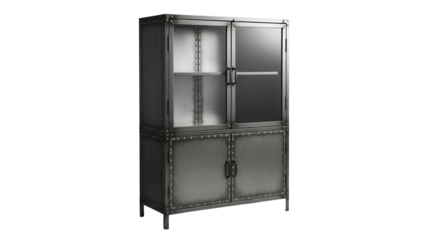 Industrial style metal cabinet with glass doors for home storage isolated on white background 