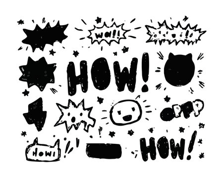 Hand-drawn doodle set featuring "HOW!" text, speech bubbles, stars, and expressive elements for graphic design.