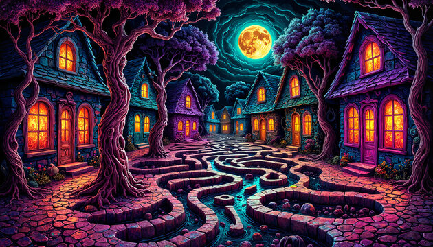 Colorful fantasy village at night with vibrant houses and moonlight  