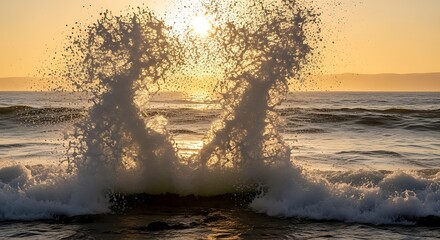 Dramatic ocean wave splash caught in mid-air against the golden sunset sky