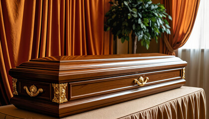Wooden coffin placed on table with brown drapes and plant in view  