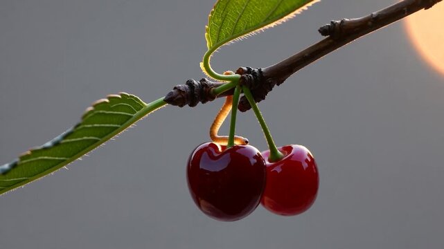 Two ripe cherries hang prominently from a slender green stem, glistening with droplets of water. A single green leaf unfurls next to the cherries, showcasing the vibrant hues of na