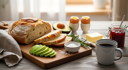Inviting breakfast composition with bread, avocado, eggs and steaming coffee