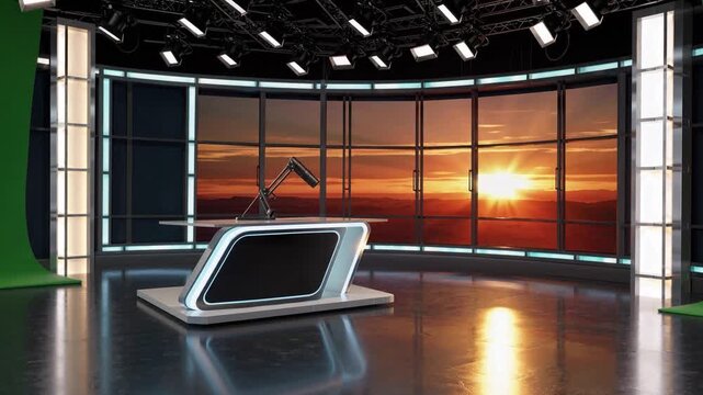 A bright sunset paints the sky with warm hues, as the sun descends behind distant hills. The sleek studio setup boasts modern lighting and a stylish desk, creating an inviting atmo