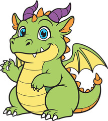 Obraz premium Cute Green Baby Dragon Cartoon Character with Wings Adorable Fantasy Mascot Design