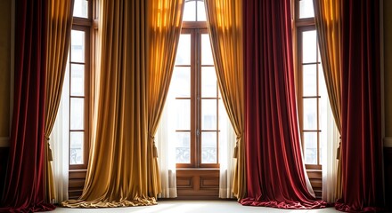 Luxurious velvet curtains in a bright room near windows showcasing elegance