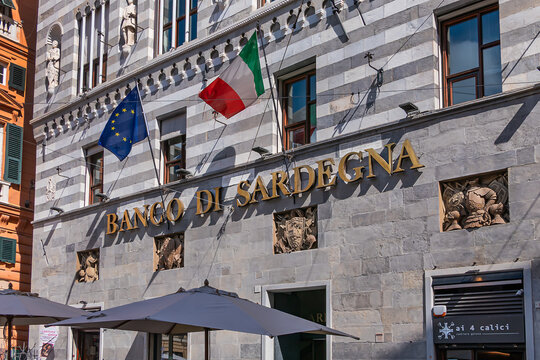View of office of the Bank of Sardinia (Banco di Sardegna) is located in Giacomo Spinola Palace (1450) on Piazza Fontane Marose. GENOA, ITALY. MAY 07, 2025.