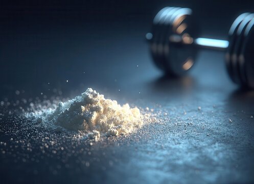 Amino acid supplement with a measuring scoop of creatine powder for sports nutrition