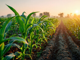 Obraz premium green corn field or maize field at agriculture farm in the morning sunrise 